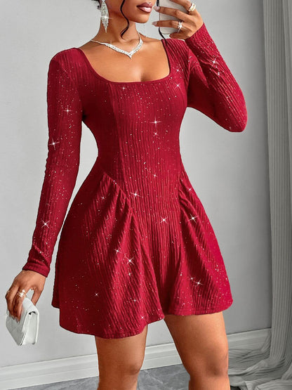 Sequin Mini Dress Red featuring a backless design and chic ruched details, perfect for glamorous occasions.