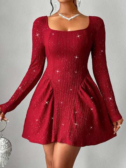 Red sequin mini dress with long sleeves and a flared skirt, perfect for parties or special occasions.