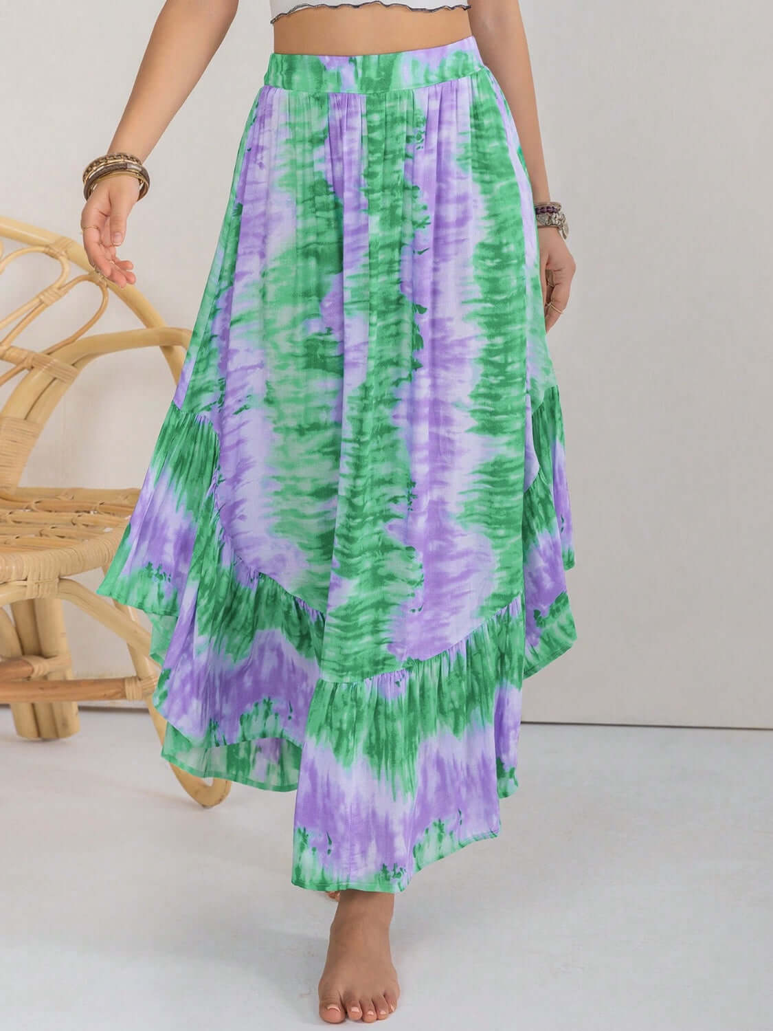 Tie-Dye Maxi Skirt Ruffle Hem Green