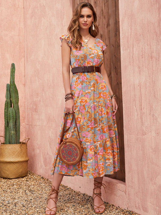 Woman wearing tiered maxi dress