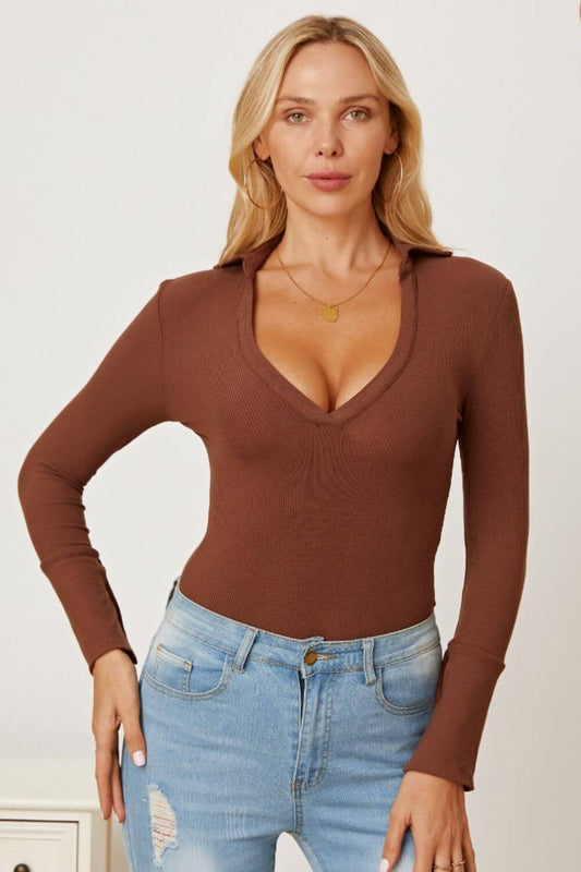 Female model wearing V-Neck Long Sleeve Bodysuit Brown