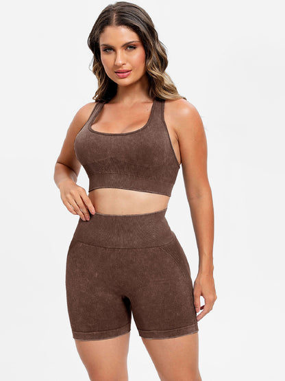 Female model wearing Wide Strap Scoop Neck Sports Bra and Bike Shorts Active Set Dark Brown