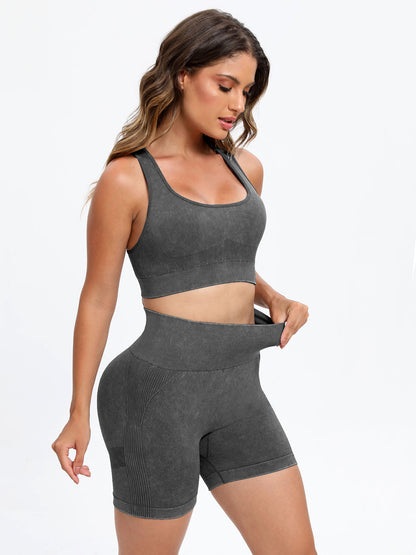 Female model wearing Wide Strap Scoop Neck Sports Bra and Bike Shorts Active Set Dark Gray