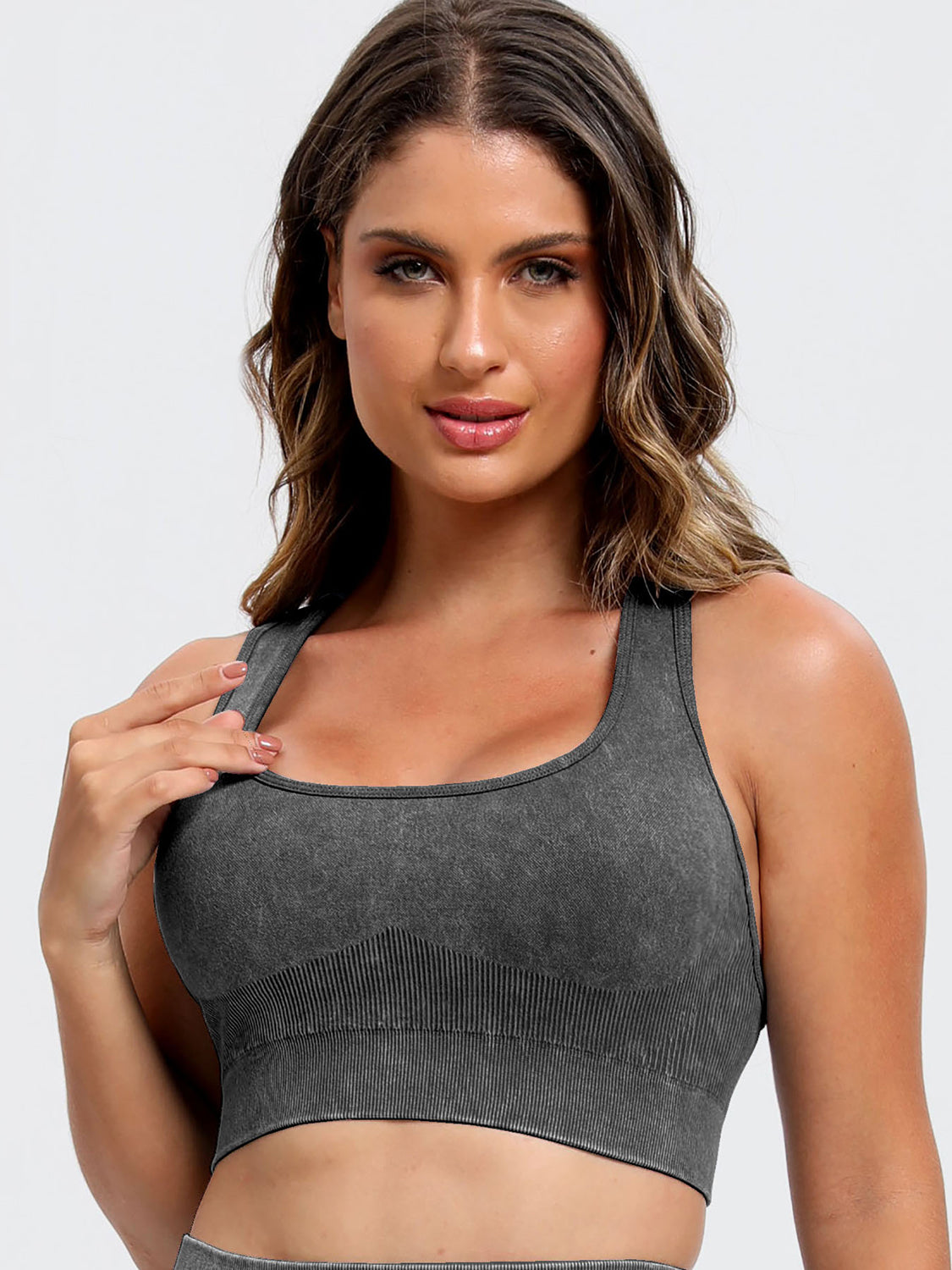 Female model wearing Wide Strap Scoop Neck Sports Bra and Bike Shorts Active Set Dark Gray by Saflore