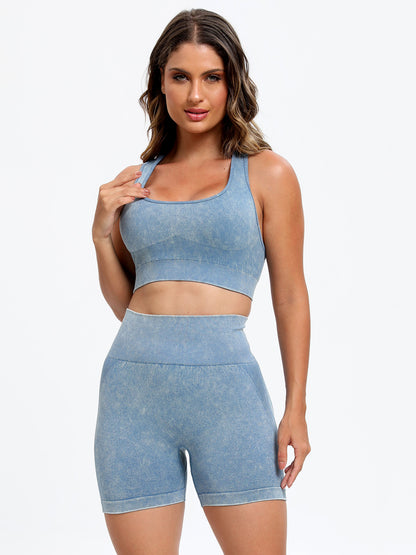 Female model wearing Wide Strap Scoop Neck Sports Bra and Bike Shorts Active Set Light Blue