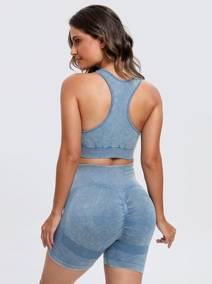 Female model wearing Wide Strap Scoop Neck Sports Bra and Bike Shorts Active Set Light Blue by Saflore