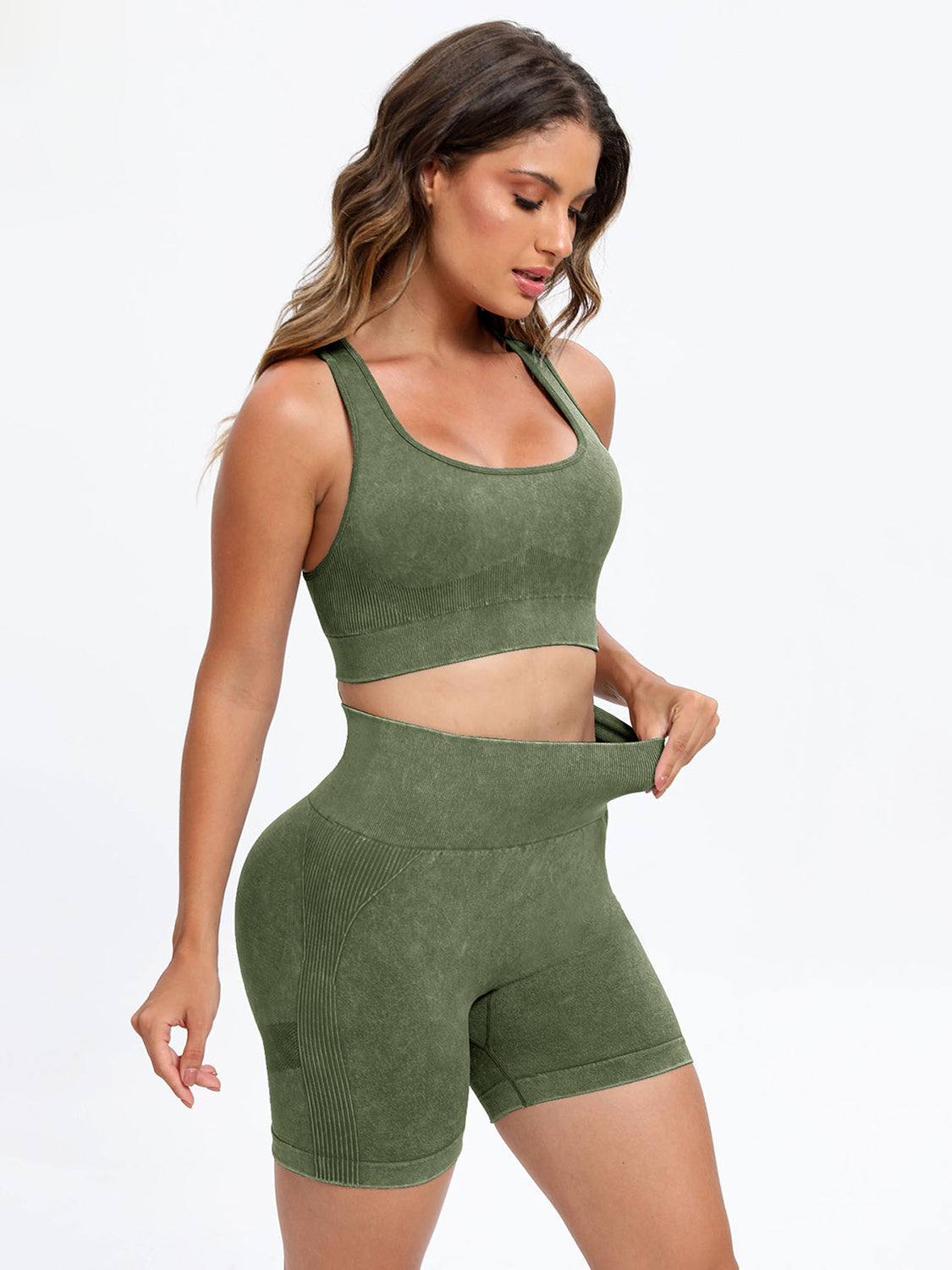 Female model wearing Wide Strap Scoop Neck Sports Bra and Bike Shorts Active Set Matcha Green by Saflore