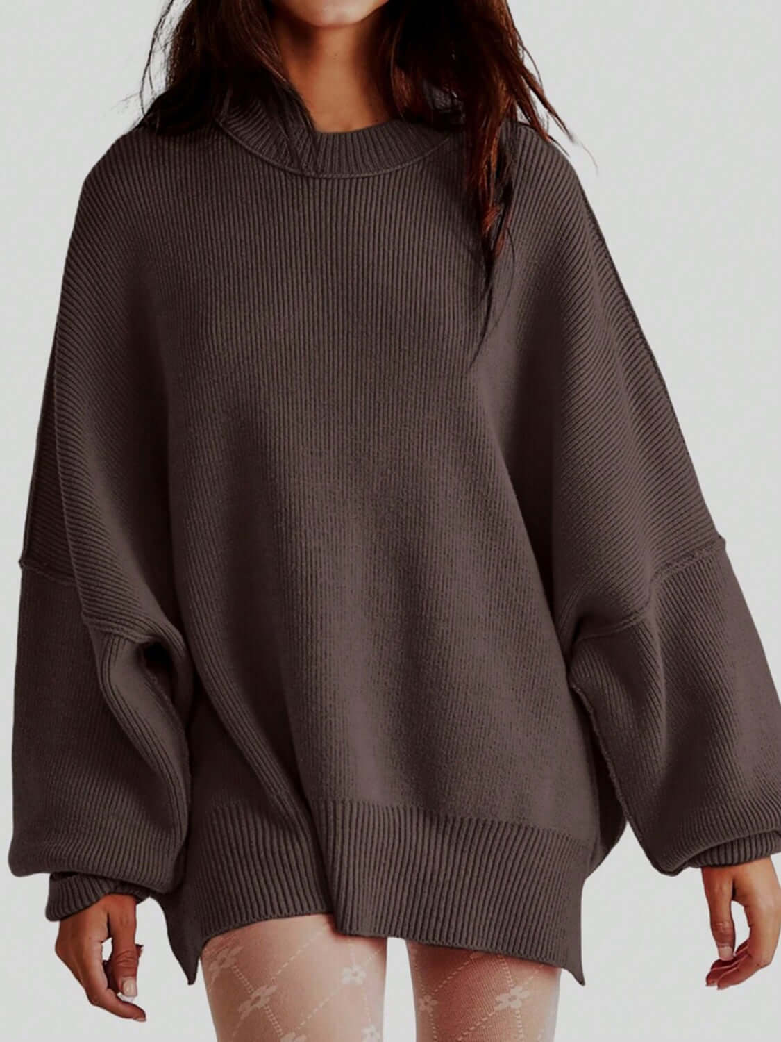 Female model wearing Knit Top Round Neck Long Sleeve Sweater Chocolate