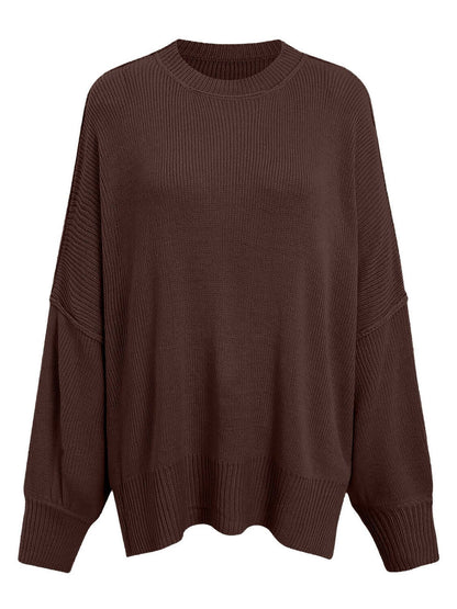 X@F@E Knit Top Round Neck Long Sleeve Sweater Chocolate by Saflore Product Image Front View
