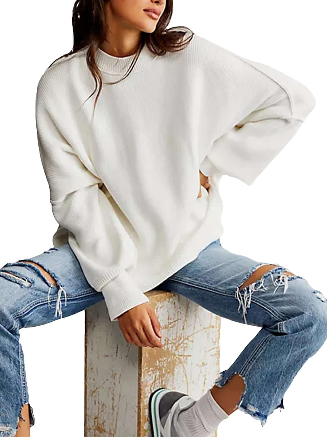 Female model wearing X@F@E Knit Top Round Neck Long Sleeve Sweater White