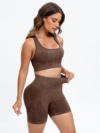 Female model wearing YWXY Wide Strap Scoop Neck Sports Bra and Bike Shorts Active Set Dark Brown