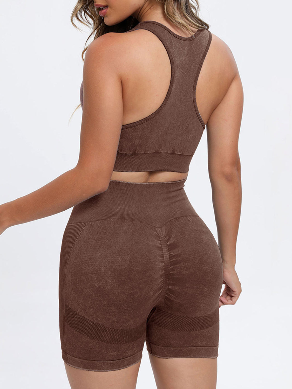 Female model wearing YWXY Wide Strap Scoop Neck Sports Bra and Bike Shorts Active Set Dark Brown by Saflore