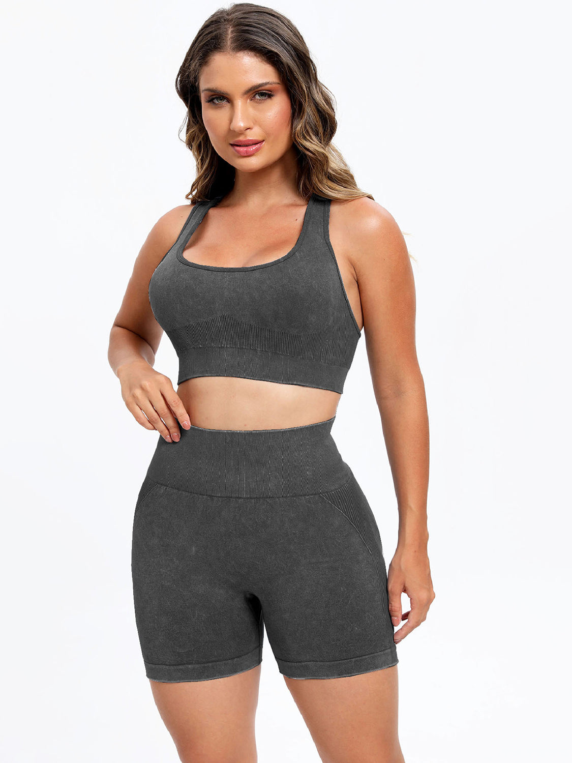 Female model wearing YWXY Wide Strap Scoop Neck Sports Bra and Bike Shorts Active Set Dark Gray