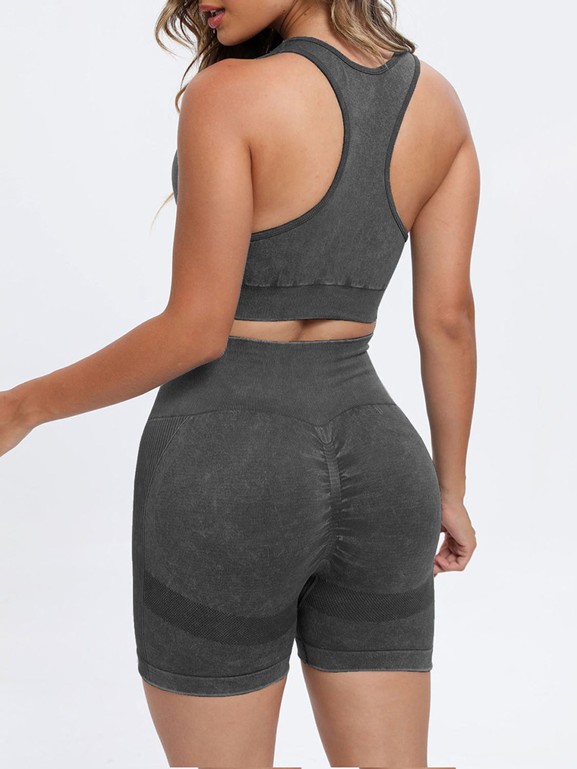 Female model wearing YWXY Wide Strap Scoop Neck Sports Bra and Bike Shorts Active Set Dark Gray by Saflore