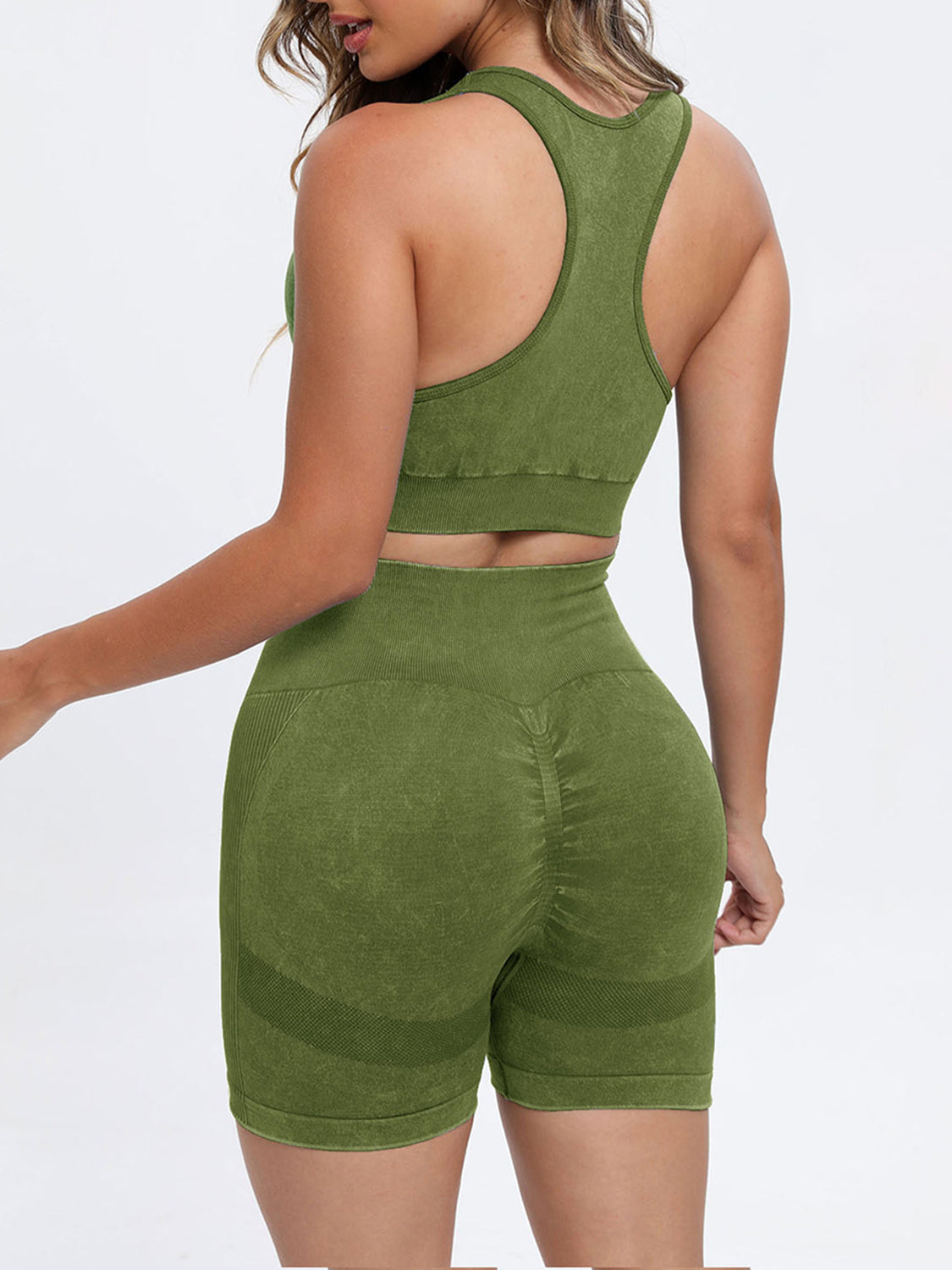 Female model wearing YWXY Wide Strap Scoop Neck Sports Bra and Bike Shorts Active Set Matcha Green