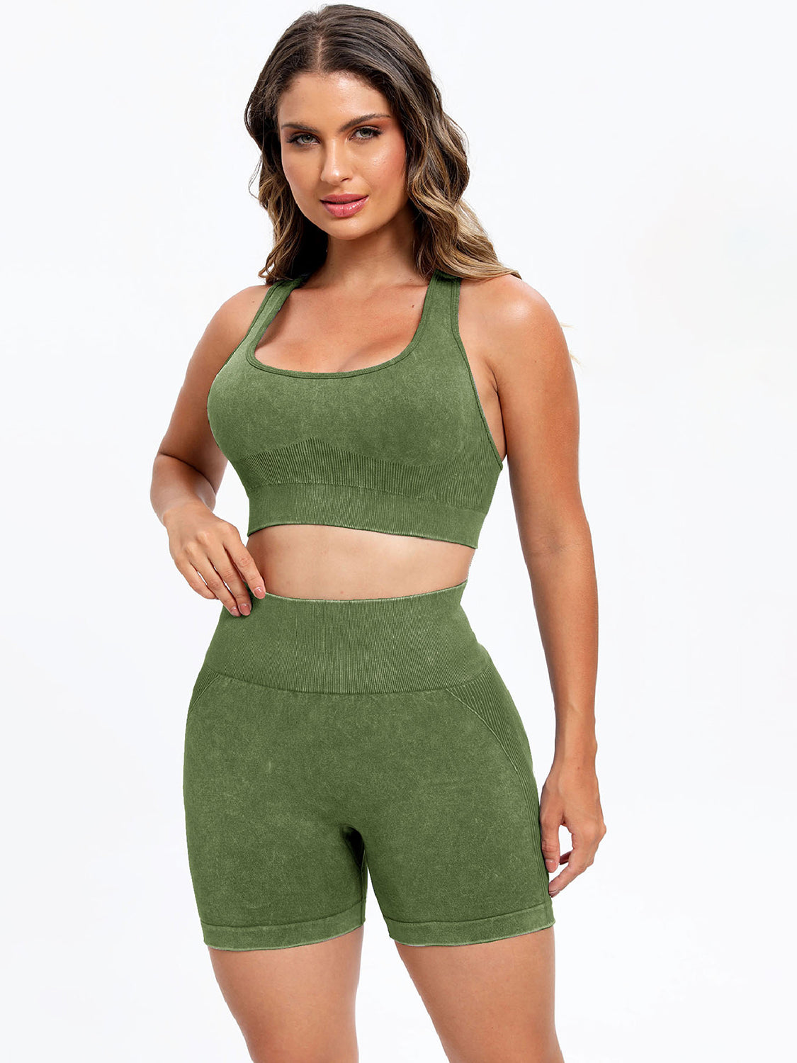 Female model wearing YWXY Wide Strap Scoop Neck Sports Bra and Bike Shorts Active Set Matcha Green by Saflore