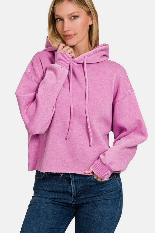 Female model wearing Zenana Acid Wash Hoodie Mauve