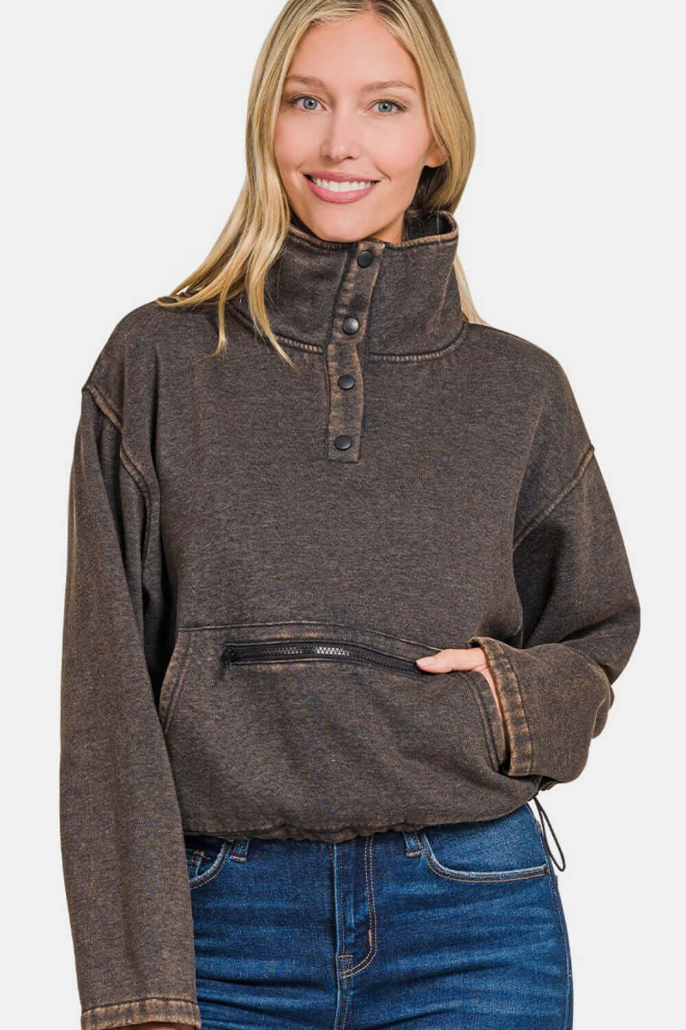 Female model wearing Zenana Acid Wash Sweatshirt With Pockets Fleece Half Snap Ash Black