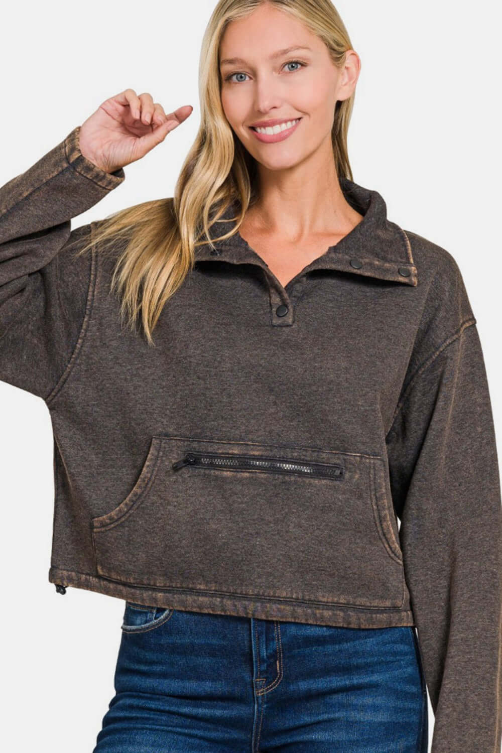 Female model wearing Zenana Acid Wash Sweatshirt With Pockets Fleece Half Snap Ash Black