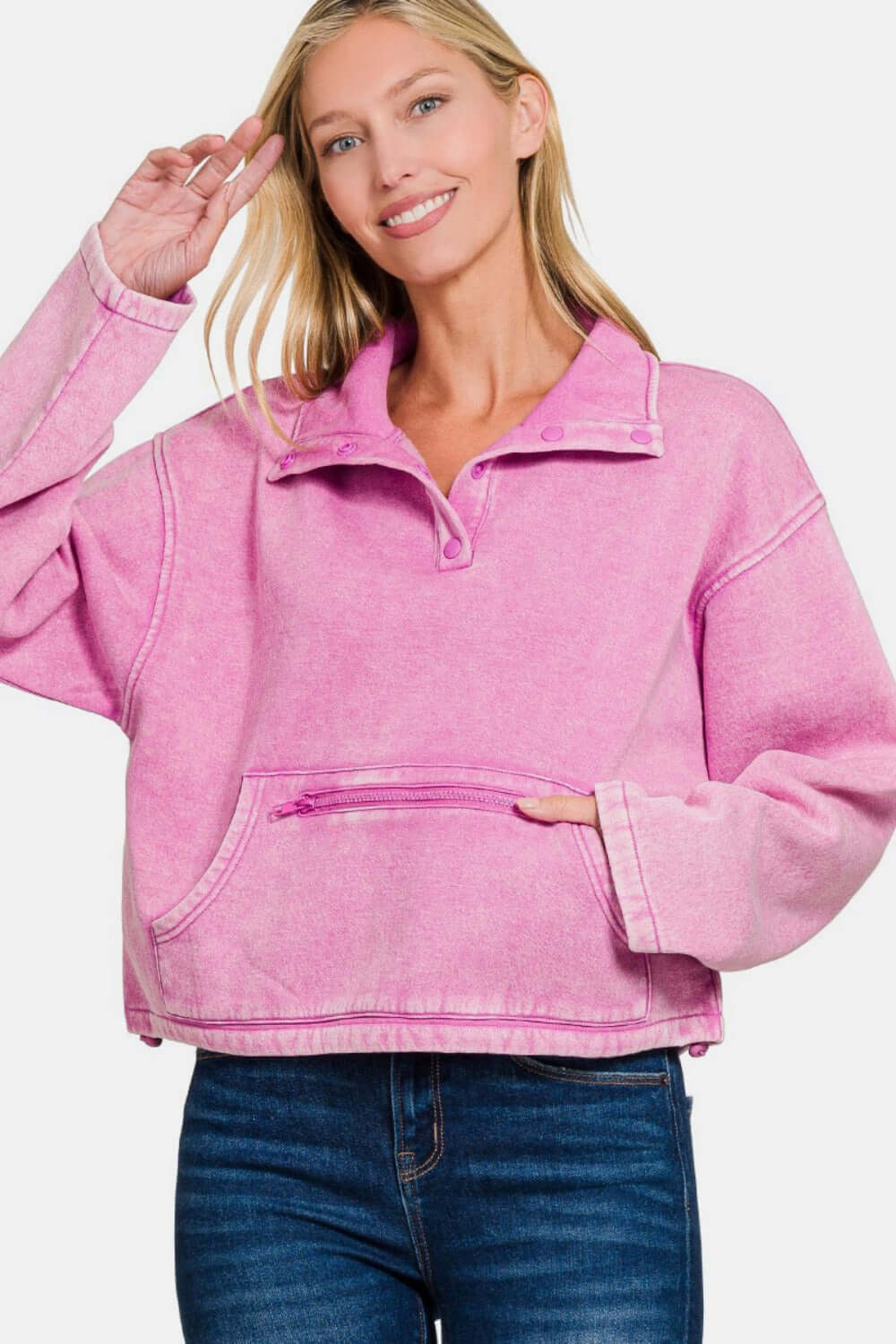 Female model wearing Zenana Acid Wash Sweatshirt With Pockets Fleece Half Snap Mauve