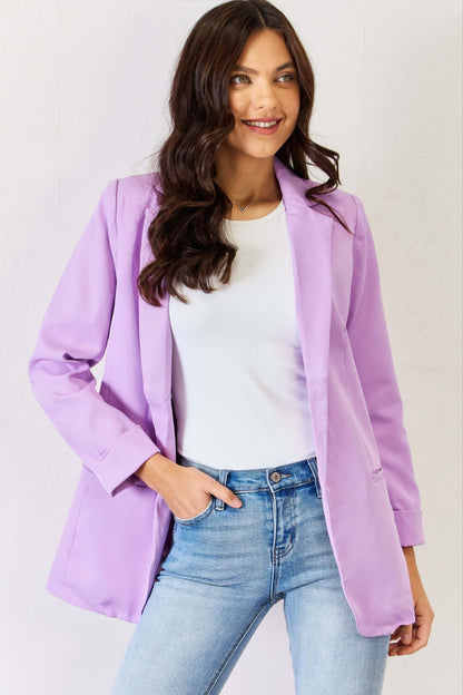 Female model wearing Zenana Blazer Lavender