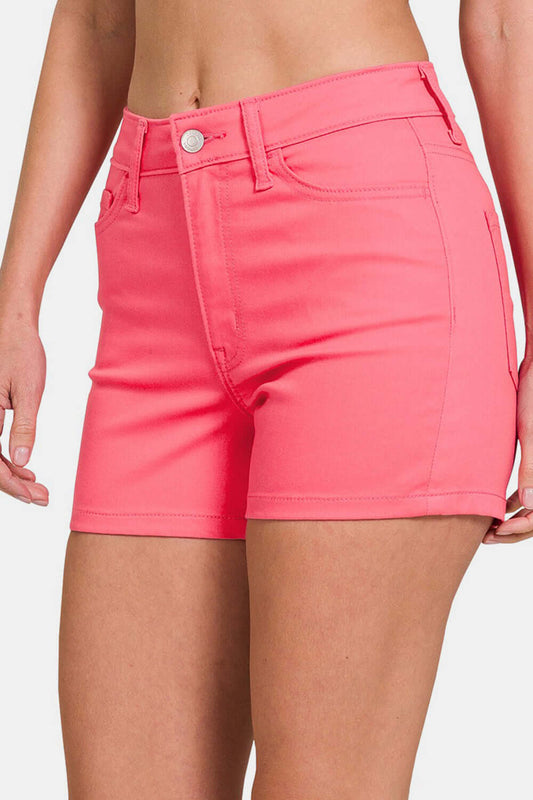 Front view of Zenana Denim Shorts Cream Fuchsia