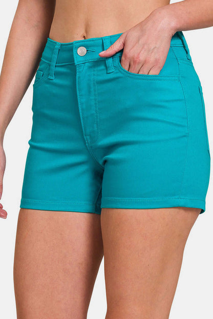 Close up front image of Zenana  Denim Shorts Light Teal