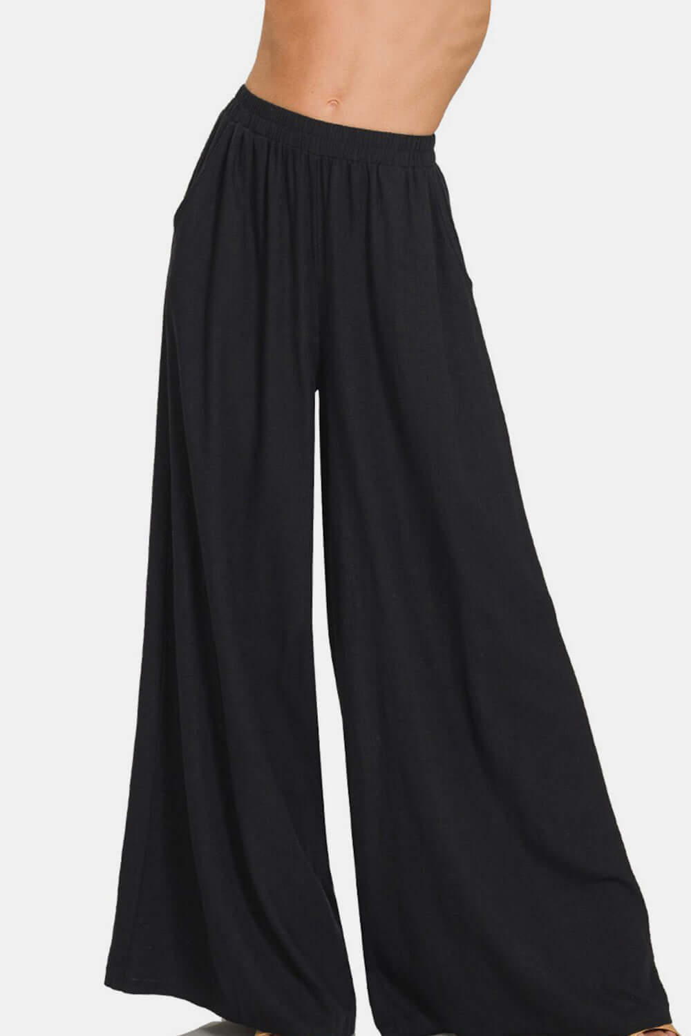 Female model wearing Zenana Pants Wide Leg Black