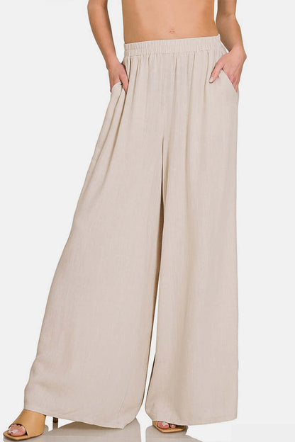 Female model wearing Zenana Linen Pants Wide Leg Sand Beige