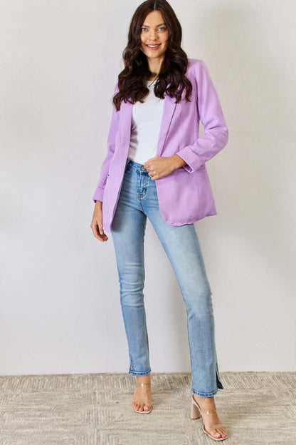 Female model wearing Zenana Open Front Long Sleeve Blazer