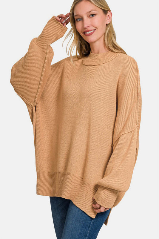 Female model wearing Zenana Oversized Sweater Dark Brush