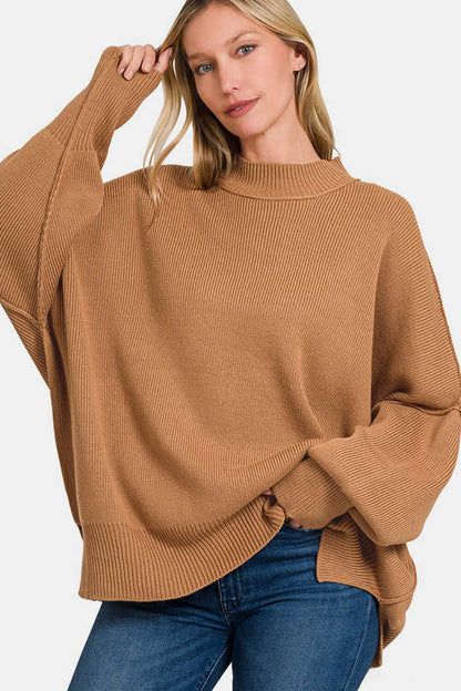 Female model wearing Zenana Oversized Sweater Deep Camel