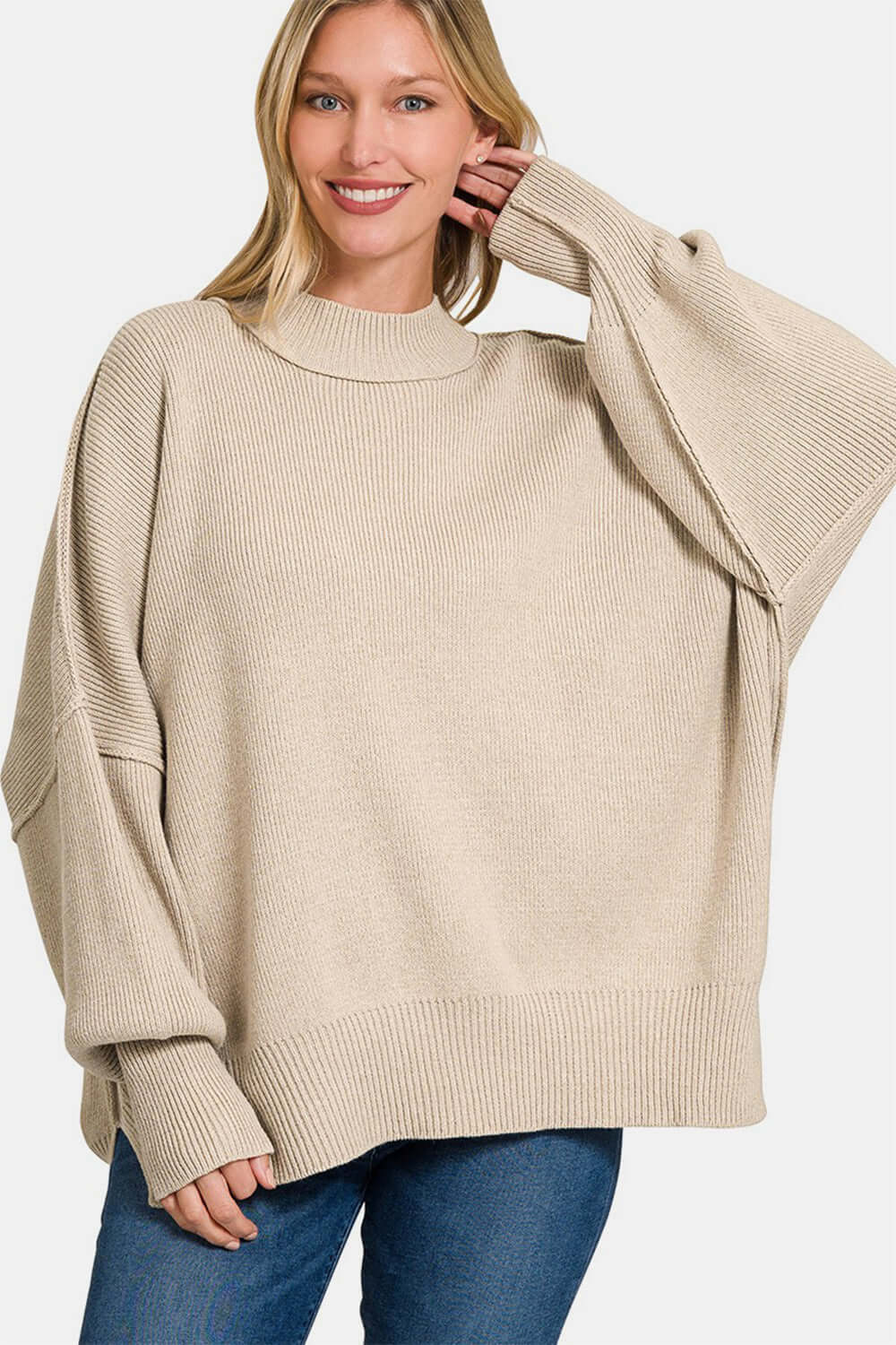 Female model wearing Zenana Oversized Sweater H Beige