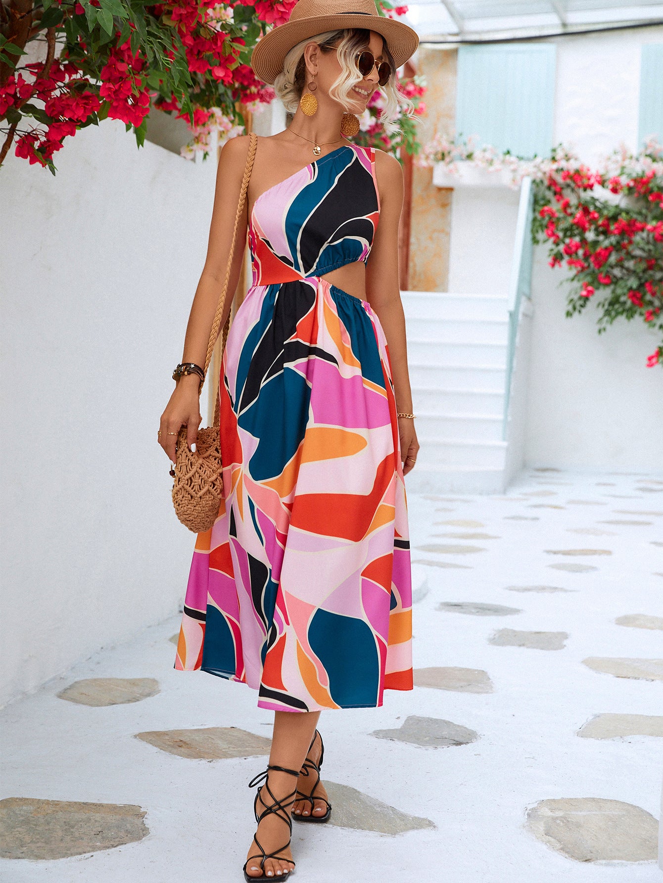 Printed Cutout One-Shoulder Sleeveless Dress